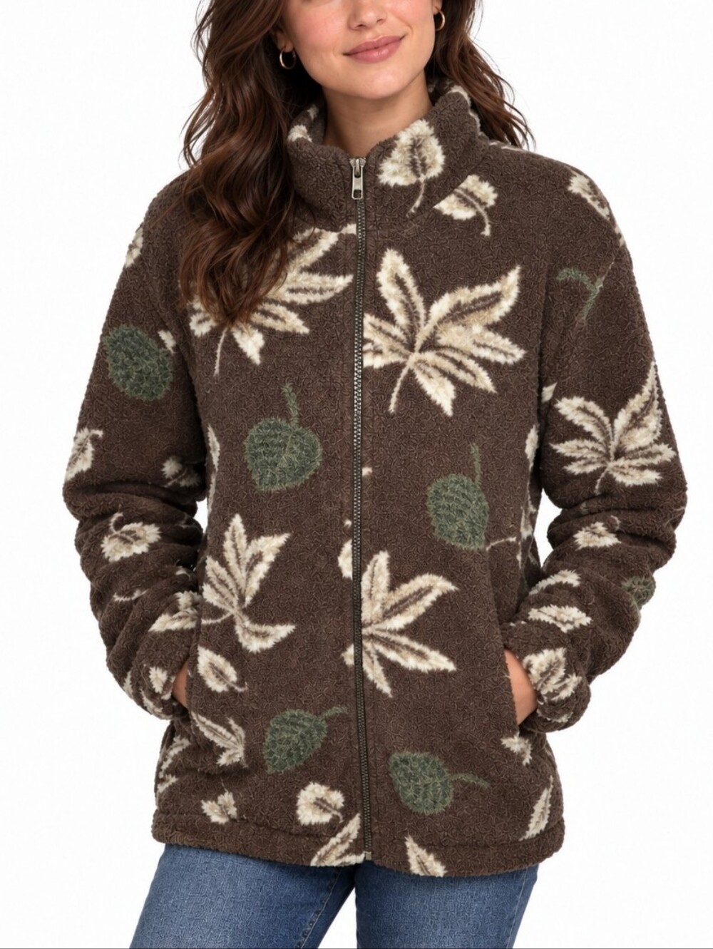 Vintage 90's Women's Brown Fleece Leaf-Print Full-Zip Sweater Jacket Size XL